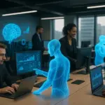 Representación conceptual de agentes de inteligencia artificial colaborando con empleados en una oficina moderna, simbolizando la integración de IA en entornos empresariales.