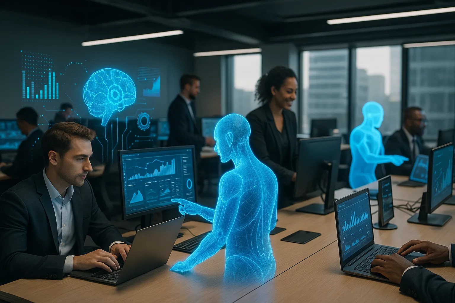 Aitonoma-Servicio-implementacion-de-infraestructura-ia Representación conceptual de agentes de inteligencia artificial colaborando con empleados en una oficina moderna, simbolizando la integración de IA en entornos empresariales.
