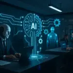 Representación visual de un entorno empresarial moderno con elementos de inteligencia artificial automatizando tareas – un ejecutivo observa un panel digital conectado a iconos de IA y engranajes que simbolizan la integración de sistemas y la optimización de procesos.