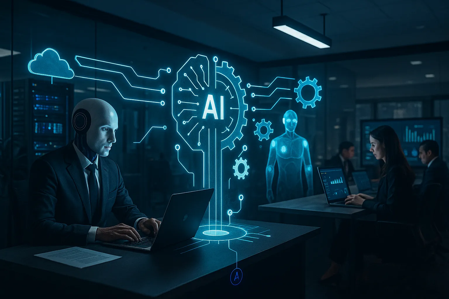 Aitonoma-Servicio-implementacion-de-infraestructura-ia Representación visual de un entorno empresarial moderno con elementos de inteligencia artificial automatizando tareas – un ejecutivo observa un panel digital conectado a iconos de IA y engranajes que simbolizan la integración de sistemas y la optimización de procesos.
