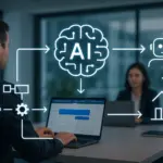 Diagrama ilustrativo de un flujo de trabajo empresarial automatizado con IA, mostrando iconos conectados por flechas (personas, engranajes, cerebro artificial) en un entorno de oficina moderno.