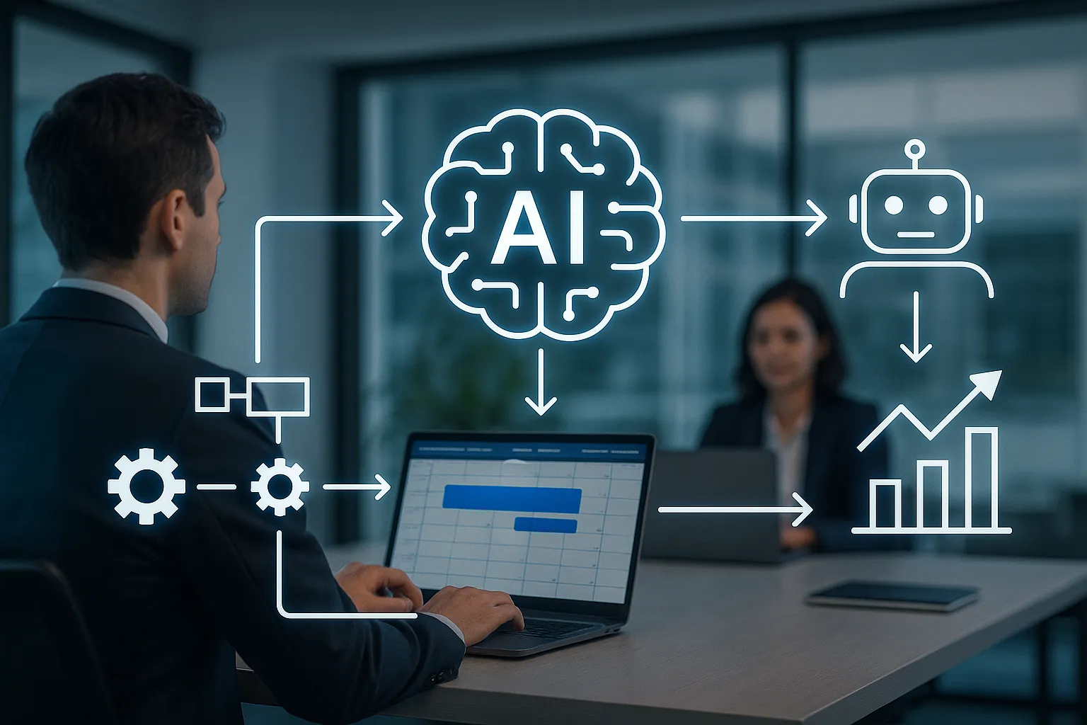 Aitonoma-Servicio-implementacion-de-infraestructura-ia Diagrama ilustrativo de un flujo de trabajo empresarial automatizado con IA, mostrando iconos conectados por flechas (personas, engranajes, cerebro artificial) en un entorno de oficina moderno.