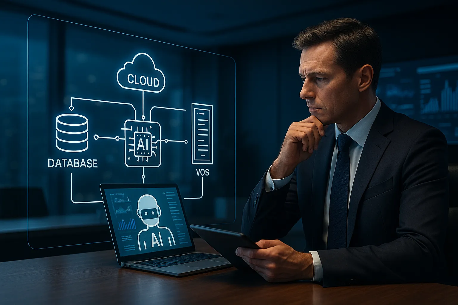 Ejecutivo analizando un diagrama digital de infraestructura de IA con símbolos de nube, bases de datos y engranajes, reflexionando sobre la mejor opción para implementar IA en su empresa.