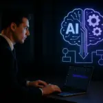 Ilustración empresarial y tecnológica que muestra a un ejecutivo observando un holograma de IA (cerebro digital interconectado con circuitos y engranajes), representando cómo la infraestructura de inteligencia artificial impulsa flujos de trabajo automatizados en la empresa.