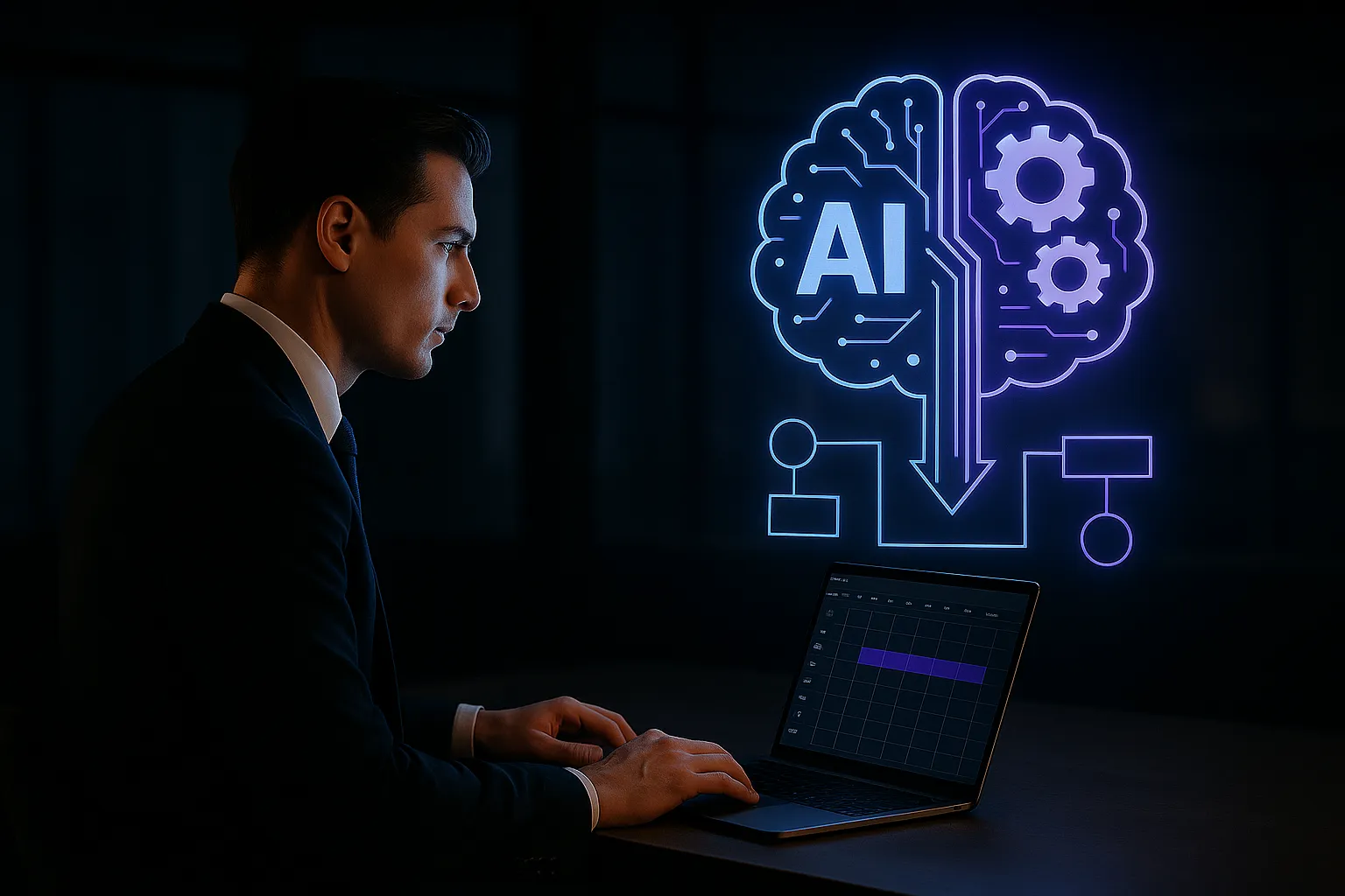 Aitonoma-Servicio-implementacion-de-infraestructura-ia Ilustración empresarial y tecnológica que muestra a un ejecutivo observando un holograma de IA (cerebro digital interconectado con circuitos y engranajes), representando cómo la infraestructura de inteligencia artificial impulsa flujos de trabajo automatizados en la empresa.