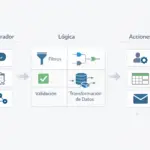 Diagrama ilustrado de automatizaciones con disparador, lógica y acciones conectadas.